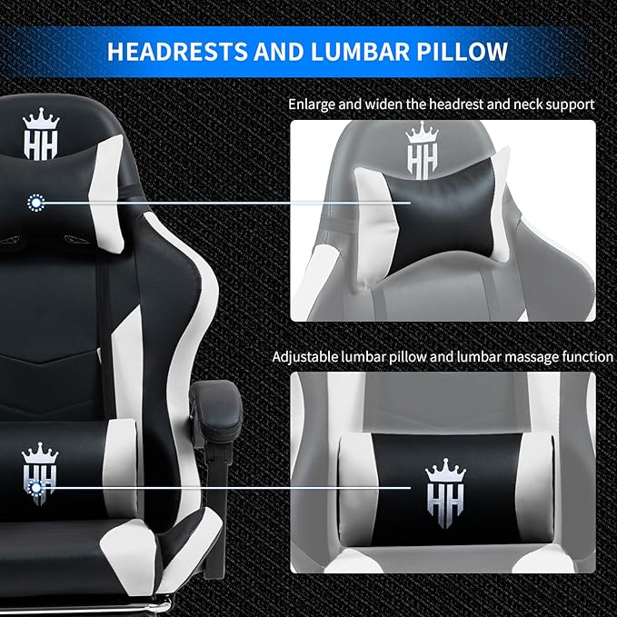 Gaming Chair with Footrest Ergonomic Computer Chair for Adult Adjustable Headrest Lumbar Pillow Large Size Reclining Gaming Chair Big and Tall with Linkage Armrest for Home Office Gaming