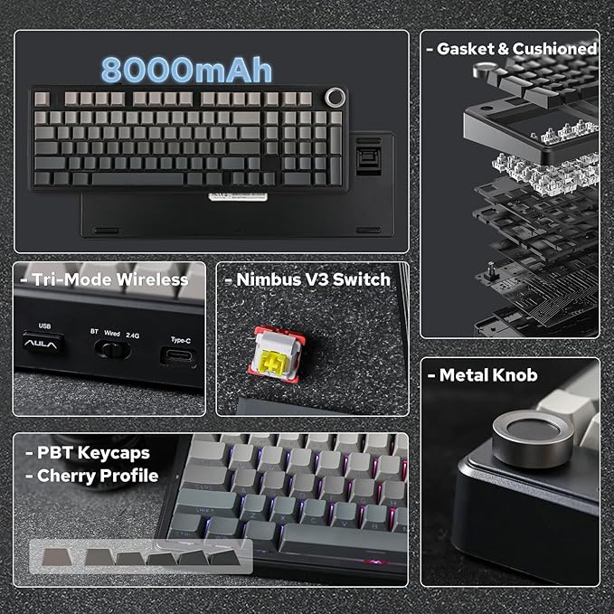 EPOMAKER X Aula F99 PRO Wireless Gaming Keyboard with 8000mAh Battery Hot Swappable Creamy Keyboard 2.4GHz/Type-C/BT5.0 NKRO RGB Backlit for Win/Mac/Gaming (Black Gradient)