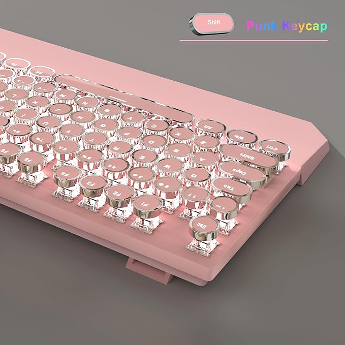 Typewriter Mechanical Gaming Keyboard and Mouse Combo Retro Punk Round Keycaps RGB Rainbow Backlit Wired Keyboard for Game and Office for Windows Laptop PC Red Switches(Pink)