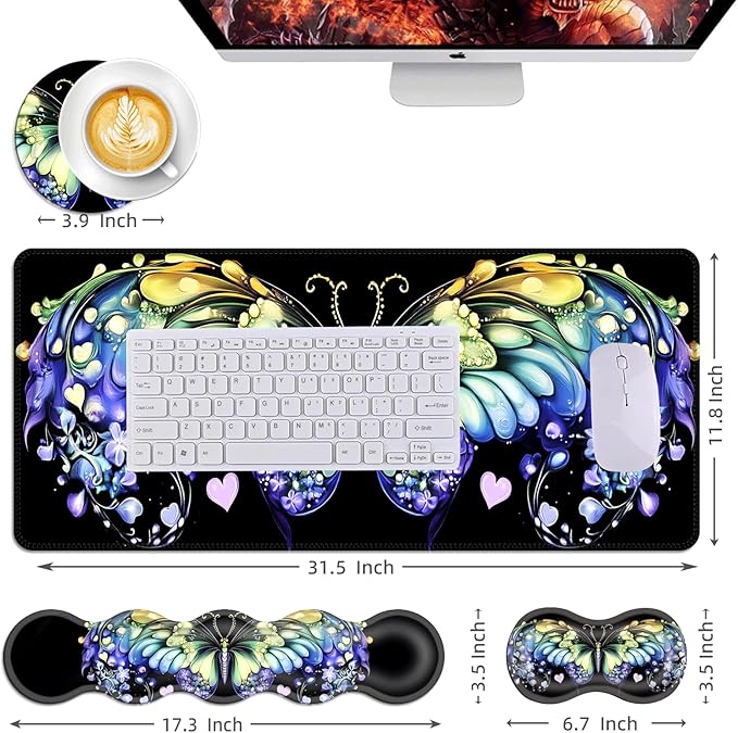 Mouse PadLarge Desk Mat Set 4in1 XL Mousepad + Keyboard Wrist Rest+Mouse Wrist Rest+Coaster with Ergonomic Desk Pad for Home Office Table Computer Cover -Fantasy Butterfly
