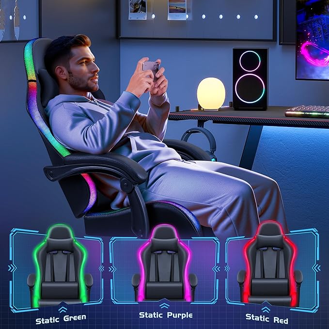 Furmax Gaming Chair with RGB LED Lights Video Game Chair with Footrest and Massage Lumbar Support High Back Reclining Computer Chair with Headrest Swivel Seat Gamer Chair (LED Black)