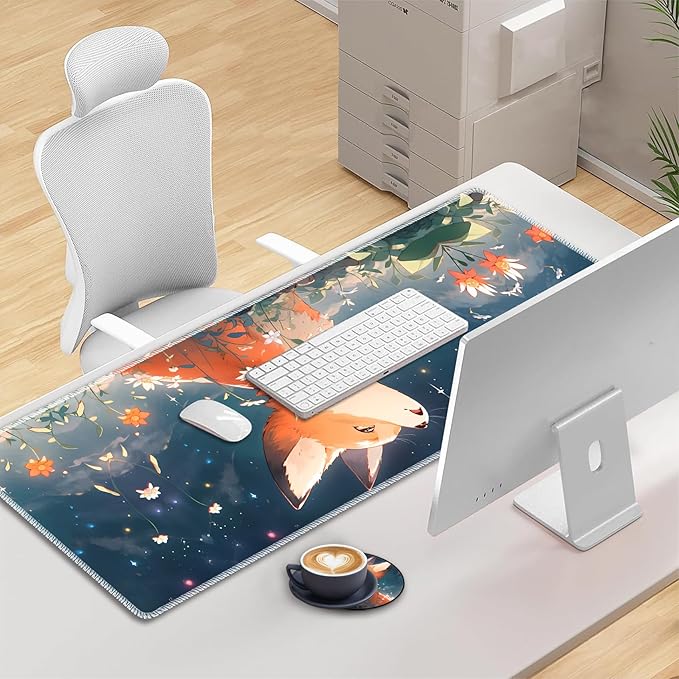 3-in-1 Large Mouse Pad Gaming Set (31.5 x 11.8 inch)+ Wrist Rest Pad + Coaster Memory Foam Gel Wrist Rest Pad for Pain Relief Stitched Edges Non-Slip Table Mat Red Fox Under The Stars