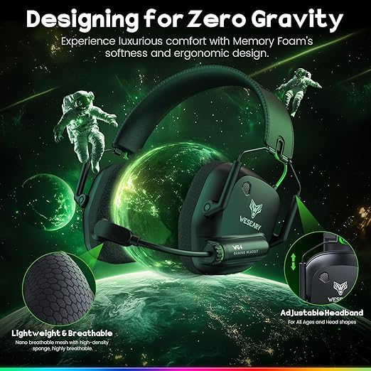 WESEARY Wireless Gaming Headset 2.4GHz &amp Bluetooth 5.4 Gaming Headphones with ENC Mic Ultra-Low Latency Stereo Sound Soft Earmuffs Wireless Headsets for PS5 PS4 Switch PC Mac