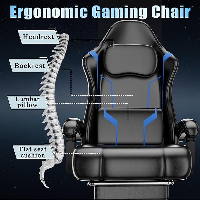 Ergonomic Gaming Chair with Footrest PU Leather Video Game Chairs for Adults 360°Swivel Adjustable Office Chair Gamer Chair Comfortable Computer Chair for Heavy People (Blue)