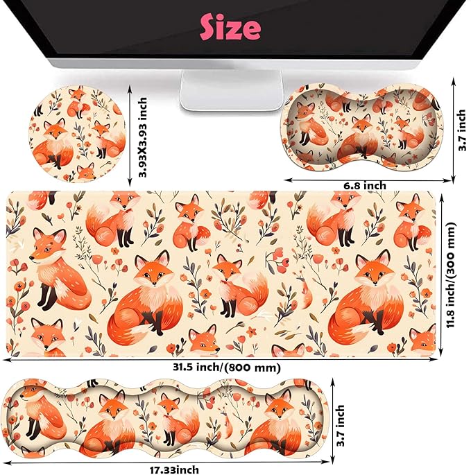 Large XXL Gaming Desk Mat 31.5x 11.8 Ergonomic Keyboard Wrist Rest &amp Mouse Pad Wrist Rest + Coaster Set Non-Slip Base Memory Foam Office and Home Little Fox