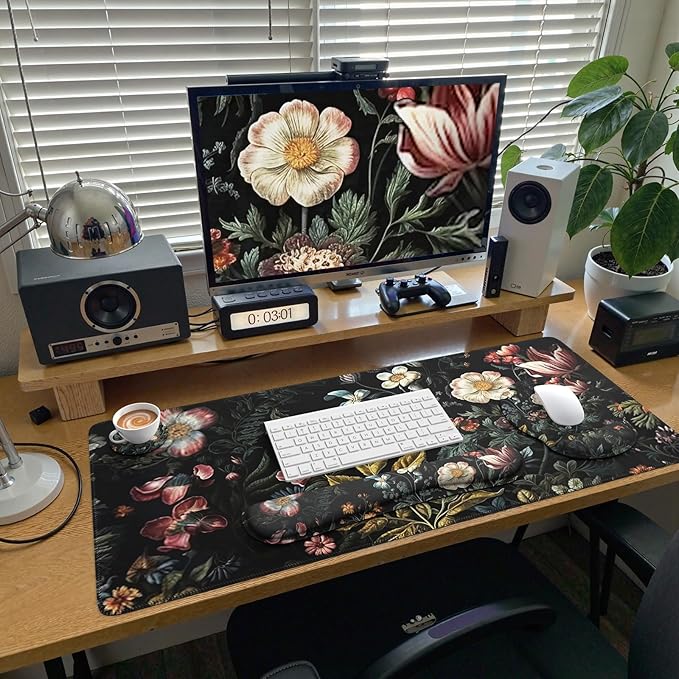 iCasso Desk Cover Mat 4in1 Floral Large Mouse Pad with Wrist Rest Desk Matt for Desktop Anti-Slip XXL Big Computer Ergonomic Mousepad with Wrist Support for Keyboard and Mouse (Elegant Flowers)