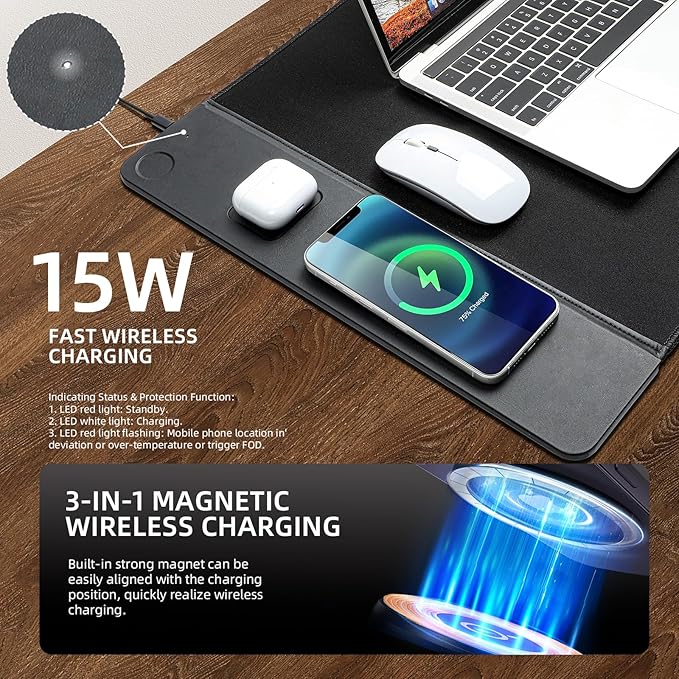 3 in 1 Wireless Charging Mouse Pad Gaming Mousepad with Wireless Charger Multiple Devices Compitable with Watch/iPhone/Airpods Large Desk Mat 90 x 40cmDesk Pad for MacBook PC Laptop-Black