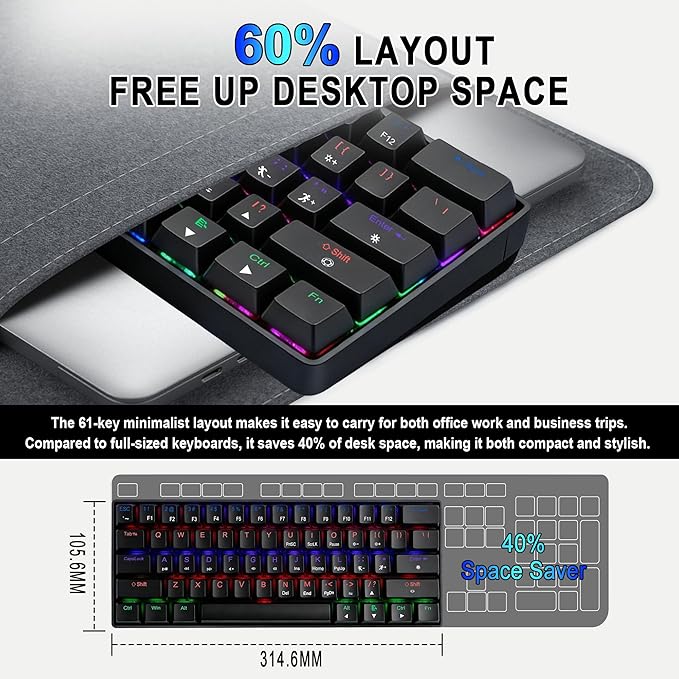 60% Gaming Keyboard Black Wired RGB Mechanical Keyboard with No-Conflict 61 Keys Compact PC Game Keyboards for Windows Mac Quiet Blue Switch