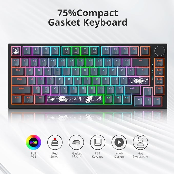 75% Wired Creamy Keyboard Hot Swappable Mechanical Gaming Keyboard with Gasket Mounted RGB Backlit Red Switch Knob Control for Win Pc Laptop(82 Blue)