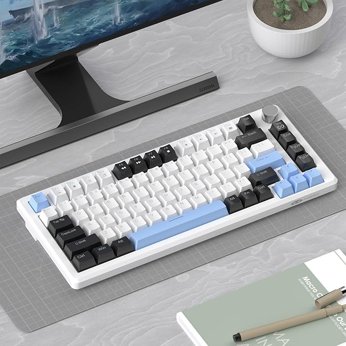 MageGee 75% Mechanical Gaming Keyboard Compact Blue Backlit Wired Gaming Keyboards with Brown Switches EVA Foam Knob Control STAR75 Portable NKRO PC Gaming Keyboard - White &amp Blue