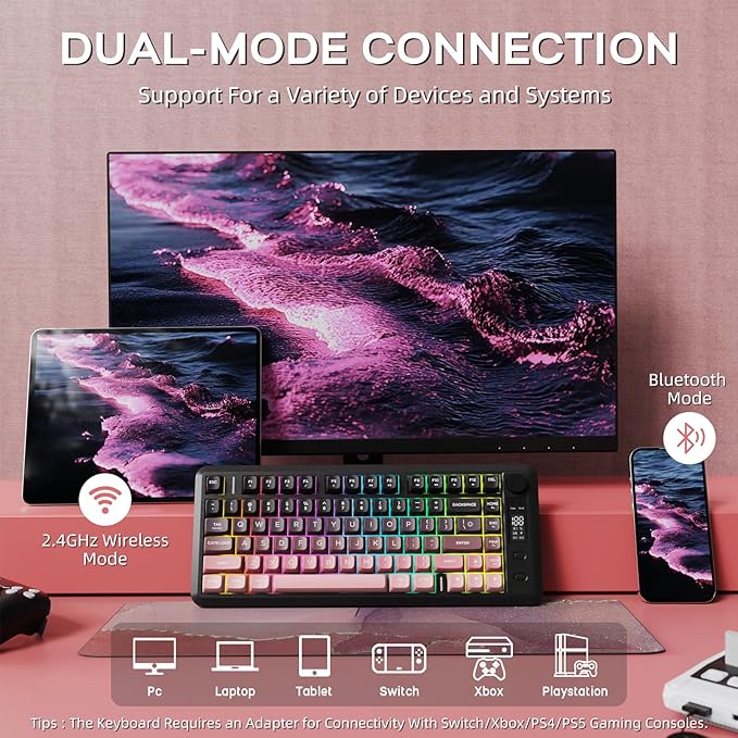 M75 Wireless Gaming Keyboard Mechanical Feel Membrane with Knob &amp OLED Display Bluetooth/2.4Ghz Rainbow Backlit Gradient PBT Keycaps 2000mAH Battery Anti-Ghosting-Pink