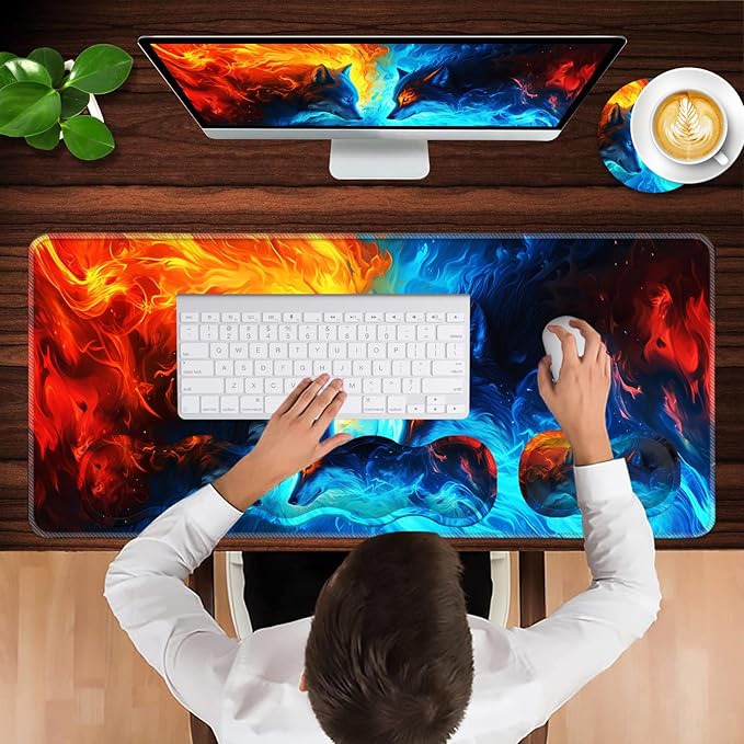 Keyboard Wrist Rest and Mouse Pad with Wrist Support Set Ergonomic CoasterMemory FoamEasy Typing Pain ReliefLarge XL Desk Mat 31.5x 11.8Ice Wolf and Fire Wolf