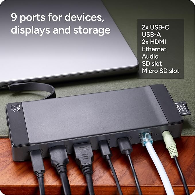 ZAGG 9-Port Hub – 2 USB-C 2 HDMI (4K 60Hz) 1 USB-A (10Gbps) Ethernet Audio Jack SD &amp MicroSD Card Readers - Multi-Device Connectivity for iPadOS ChromeOS Android Windows
