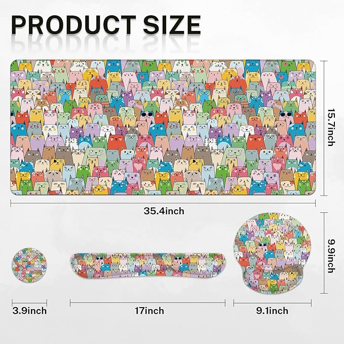Arttown Cute Colorful Cats Desk Mat Animal Mouse Pad Set 4 in 1 Kawaii Ergonomic Design Large Desk Pad + Keyboard Wrist Rest + Mouse Wrist Rest + Coaster Suitable for Home Office Study Game
