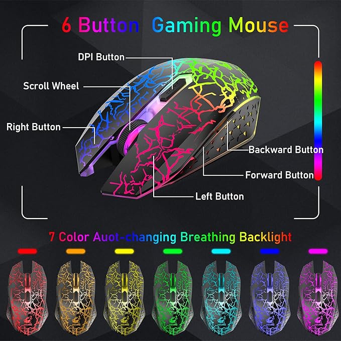 ZIYOU LANG T61 Wireless Gaming Keyboard and Mouse Combo with Ergonomic 61 Key Rainbow LED Backlight Anti-ghosting Mechanical Feel Rechargeable 4000mAh Battery Mouse Pad for PC MAC Gamer Typists(Black)