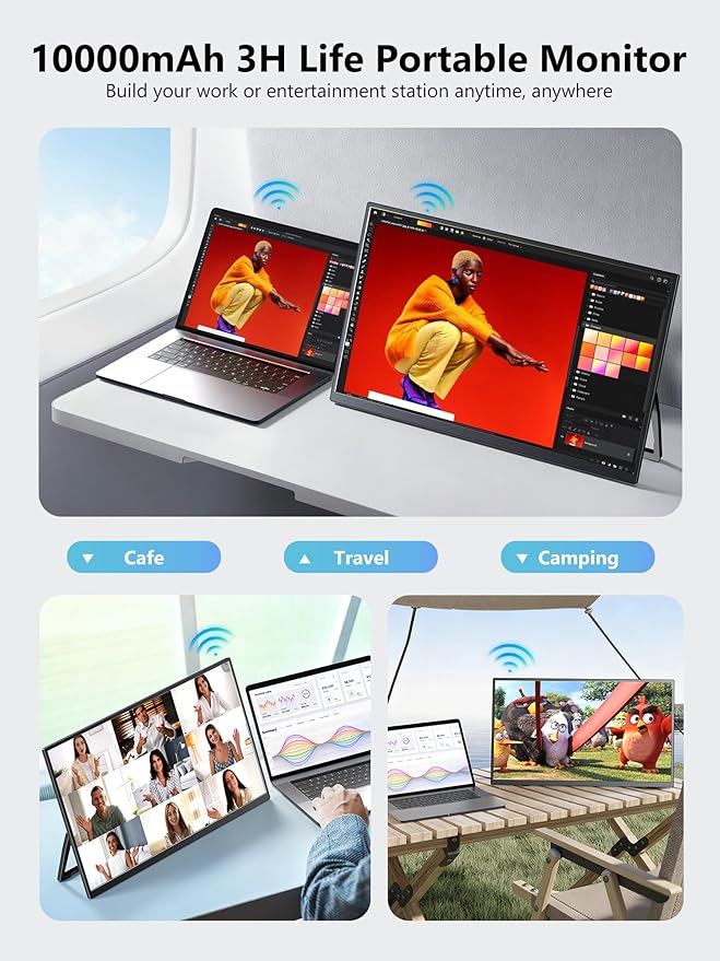 Wireless Portable Monitor for Laptop 23.8 Portable Monitor with Battery-1080P FHD Second Screen for Home &amp Office AirPlay &amp Miracast Casting No Cables or Drivers Needed