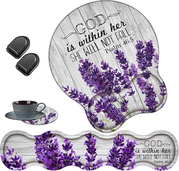 Keyboard Wrist Rest Support and Wrist Rest Mouse Pad with Non-Slip PU Base with Coaster Hook Gel Memory Mouse Pad Combo for Gaming Office Pain Relief - Psalm 46:5 Purple Lavender