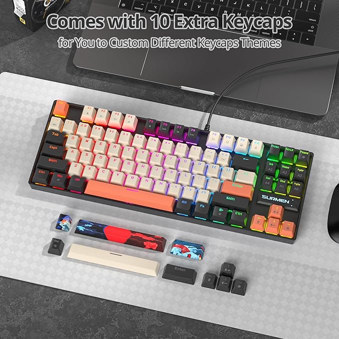75% Mechanical Gaming Keyboard with Red Switch RGB LED Backlit Keyboard Orange 87 Keys Compact TKL Wired Computer Keyboard for Windows Laptop PC Gamer (87 Carbon)