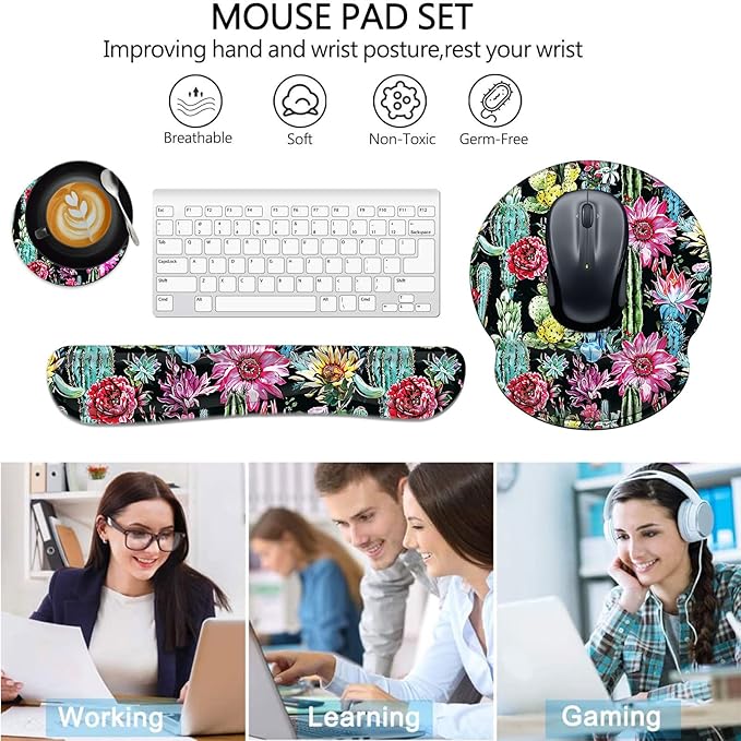 Keyboard Wrist Rest and Mouse Pad Wrist Support Set with CoastersNon-Slip PU Base Ergonomic Gaming Mousepad for Home Office Working Studying Easy Typing &amp Pain ReliefCactus