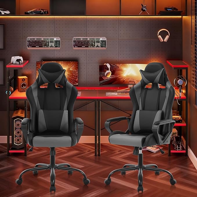 Gaming Chair Ergonomic Office Chair Desk Chair with Lumbar Support 360 Swivel &amp Rolling Computer Chair for Adults PU Leather Racing Style Supports 250lbs(Grey)