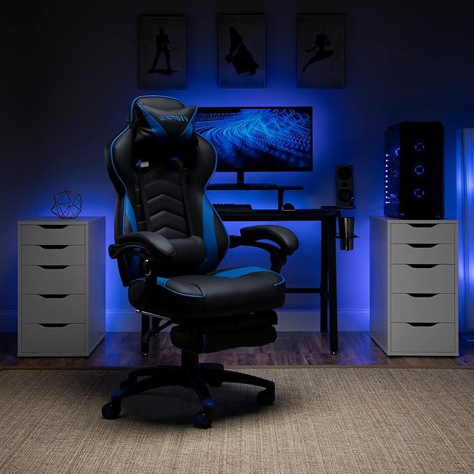 RESPAWN 110 Ergonomic Gaming Chair with Footrest Recliner - Racing Style High Back PC Computer Desk Office Chair - 360 Swivel Adjustable Lumbar Support Headrest Pillow Padded Armrests - 2019 Blue