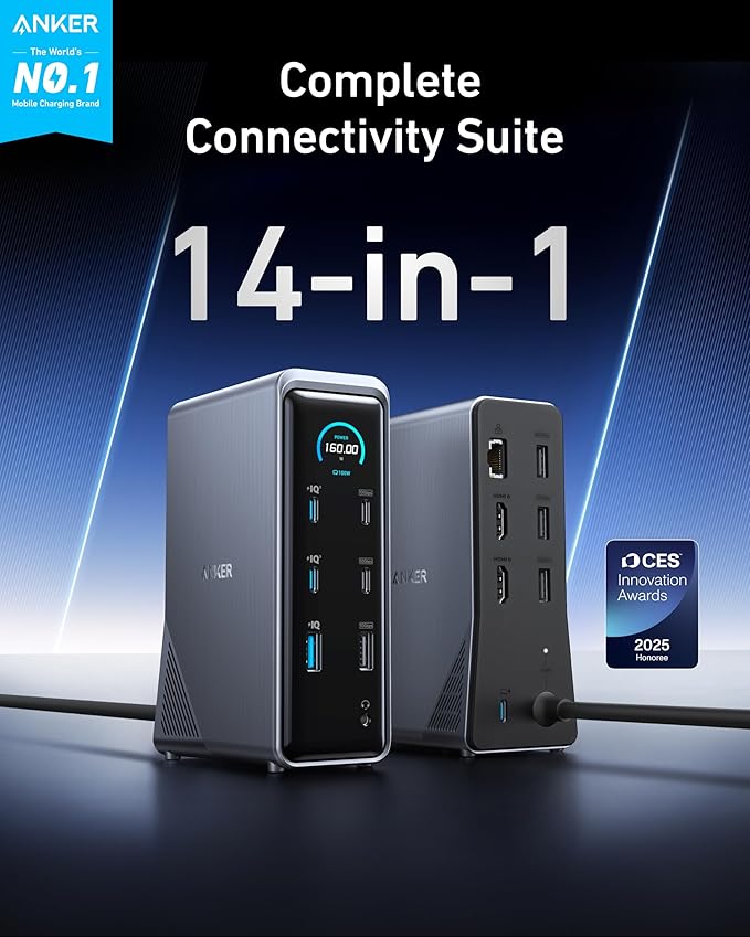 Anker Prime Docking Station 14-Port with 160W Max Output 10Gbps Fast Data Transfer Real-Time Smart Interface Audio and Ethernet Ports Dual 4K Displays for Dell HP Lenovo and More