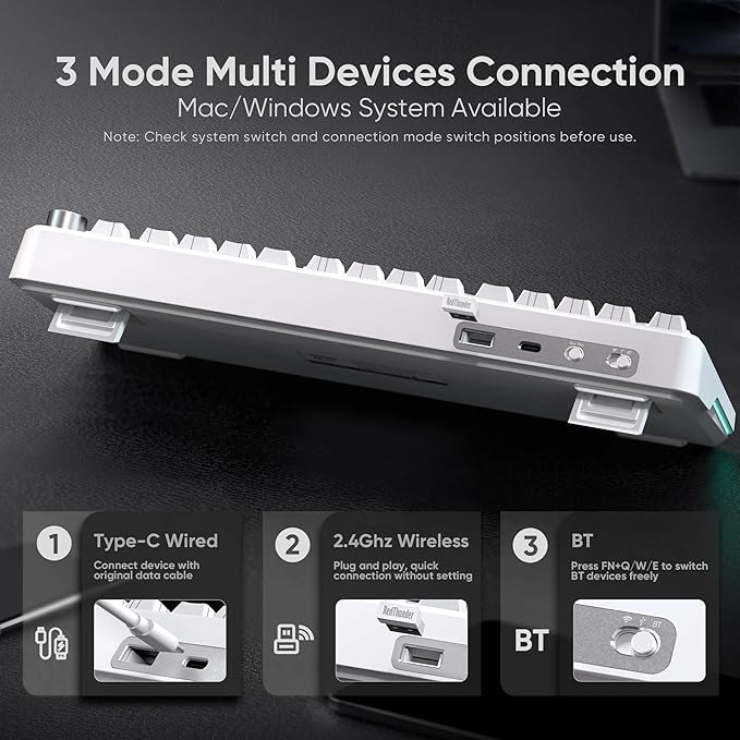 RedThunder K75 Wireless Mechanical Keyboard CNC Knob Tri-Mode BT5.0/2.4GHz/USB-C Hot Swappable Custom Pre-lubed Linear Coconut Switches Gasket Structure RGB Gaming Keyboard White Contour Lines
