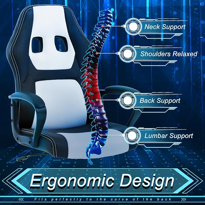 Silla Gamer Ergonomic Office Chair - Leather Racing Chair with Massage Rolling Comfy for Adults and Kids - White