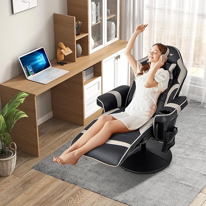 Goplus Gaming Chair Height Adjustable Massage Video Game Chair with Retractable Footrest Cup Holder Headrest Swivel Office Chair Racing Style Swivel Gamer Chair