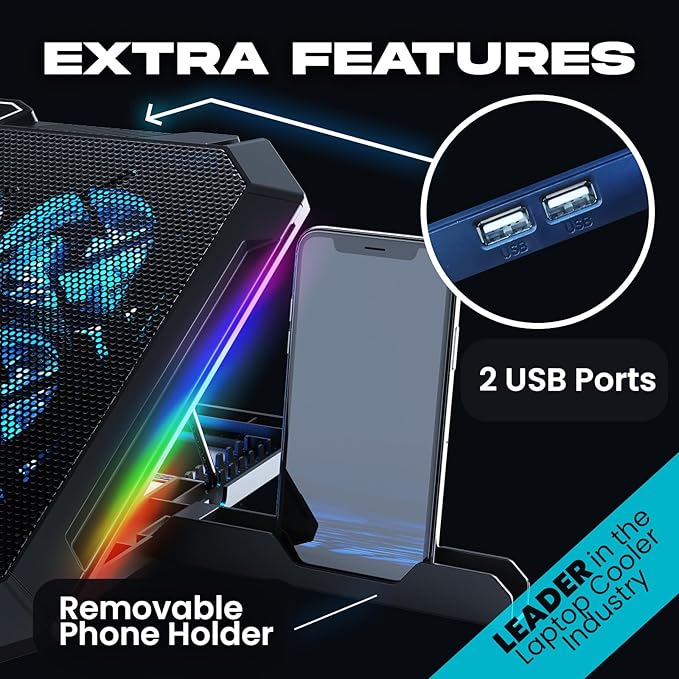 KLIM V8 Gaming Laptop Cooling Pad with 8 Fans + New Version + Gaming Laptop Cooler + Stable RGB Laptop Stand with Fan + Compatible up to 17 + 2 USB Ports + Phone Holder + 5 Year Assurance