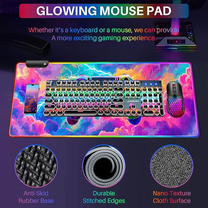 XL Led Gaming Mouse Pad with 14 Light Modes - Light Up Gamer Mouse Pad31.5 x 11.8in Non-Slip Gamepad Style RGB Large Gamer MousepadBlack Long Glowing Gaming Accessories for DeskWaterproof