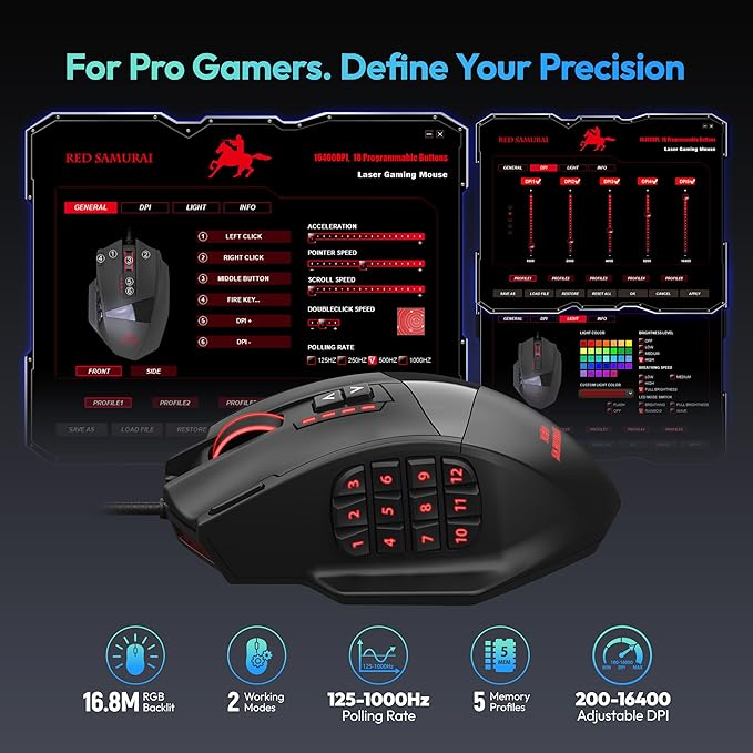 RED SAMURAI Wired Gaming Mouse MMO Gaming Mouse 16400DPI 18 Macro Programable Buttons Ergonomic RGB Wired Mouse with 12 Side Buttons Weight Adjustable Stable Grip Compatible for MMO/FPS/MOBA