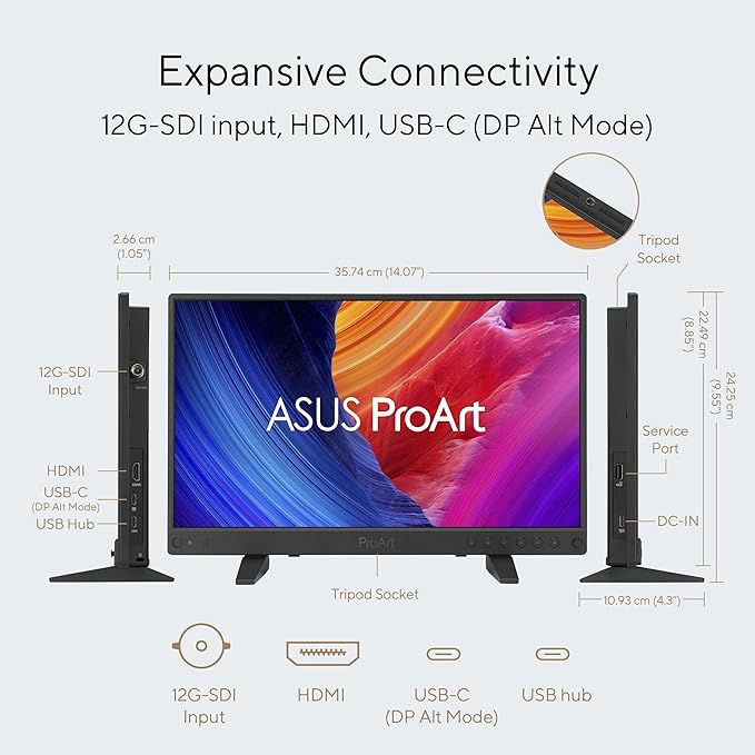 ASUS ProArt Display 15.6” 4K HDR SDI Professional Monitor (PA16USV) – UHD (3840 x 2160) IPS HDR-10 100% sRGB/Rec.709 ΔE&lt2 Calman Verified 12G-SDI HDMI USB-C 3 yr Warranty