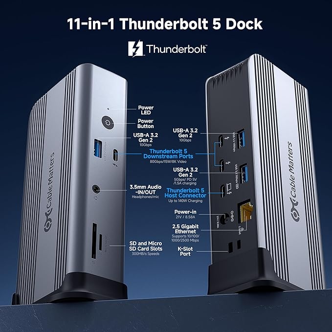 [Intel Certified] Cable Matters 11-in-1 Thunderbolt 5 Dock with Thunderbolt Share 3X Thunderbolt5 Ports 2.5GbE 3X USB 3.2 Ports up to Triple 4K@144Hz on Windows 11 Dual 6K@60Hz on macOS 140W PD