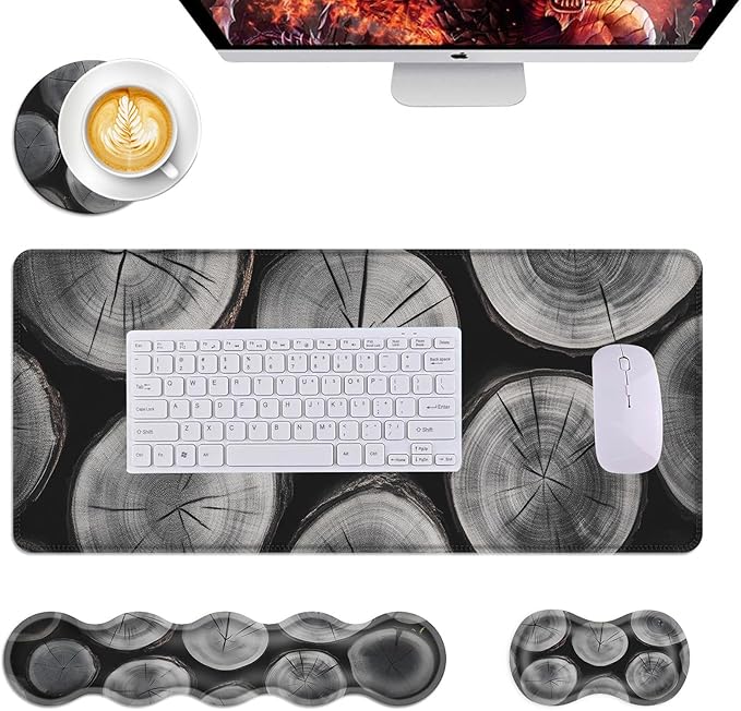 Mouse PadLarge Desk Mat Set 4in1 XL Mousepad + Keyboard Wrist Rest+Mouse Wrist Rest+Coaster with Ergonomic Desk Pad for Home Office Table Computer Cover -Rustic Wood