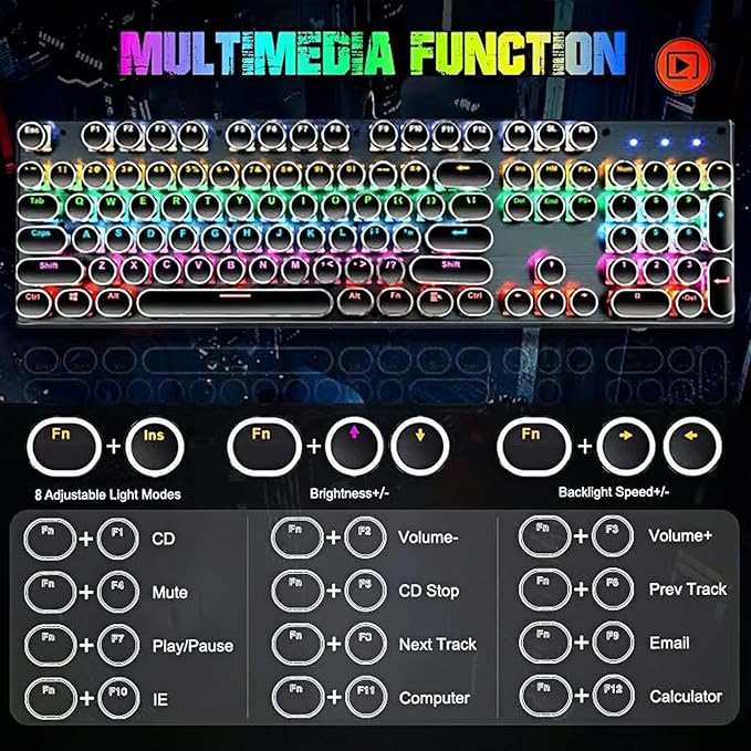 Guiheng Wired Typewriter Style Mechanical Gaming Keyboard Black Retro Punk Gaming Keyboard with RGB Backlit 104 Keys Blue Switch Wired Cute Keyboards Round Keycaps for Windows/Mac/PC