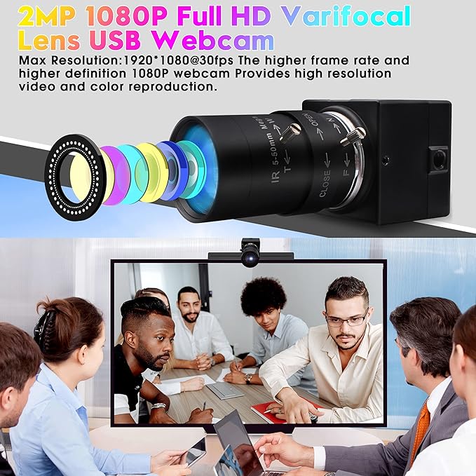 1080P USB Camera Manual Zoom Webcam for Computer 5-50mm Varifocal Lens USB with Camera Mini UVC USB2.0 Variable Focus PC Camera for Laptop High Speed 100fps 60fps CCTV Industrial Close-up Camera