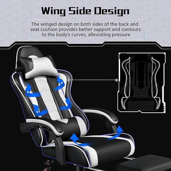 Yaheetech Gaming Chair Video Game Chair with Massage Lumbar Support and Footrest Height Adjustable Ergonomic Computer Gaming Chair with Swivel Seat and Headrest Black/White