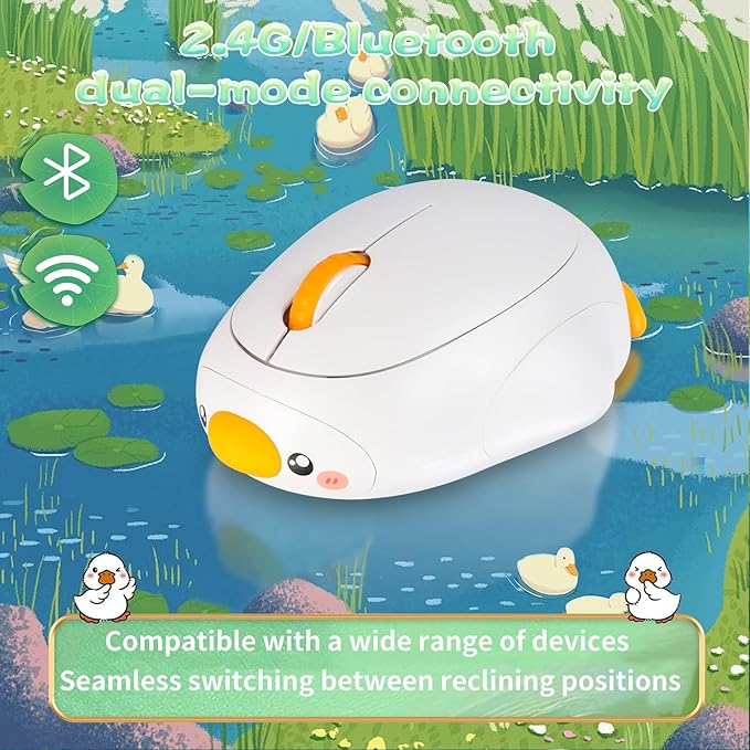 Cute Duck Bluetooth Wireless Mouse -RechargeableDual Mode Connection Silent Scroll Wheel 1600 DPI - Perfect for Laptops PCs and Tablets (White)