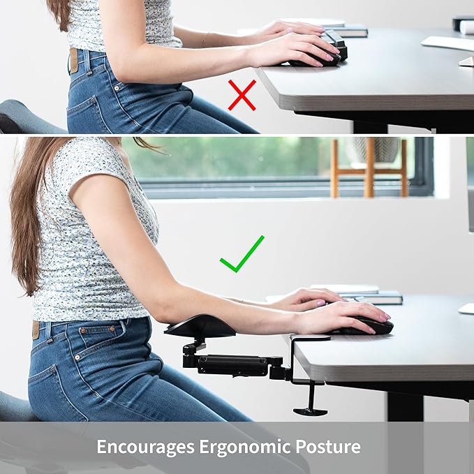 VIVO Universal Clamp-on Adjustable Armrest Desk Cradle Rotating Elbow Cushion Above Table Extension Platform Arm Support Black MOUNT-ARM01