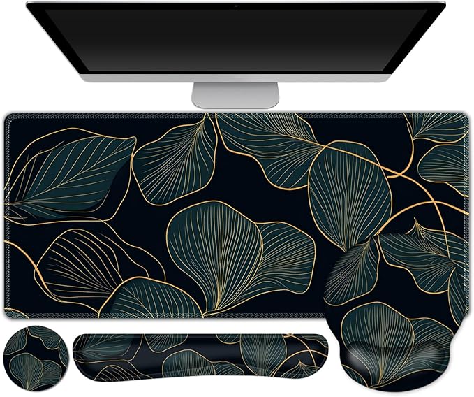 ARTSO Desk Mat Set Large Gaming Mouse Pad Wrist Support Keyboard Wrist Rest Ergonomic Desk Pad with Coaster Combo Extended Mousepad with Non-Slip Art Tropical Leaves