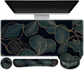 ARTSO Desk Mat Set Large Gaming Mouse Pad Wrist Support Keyboard Wrist Rest Ergonomic Desk Pad with Coaster Combo Extended Mousepad with Non-Slip Art Tropical Leaves