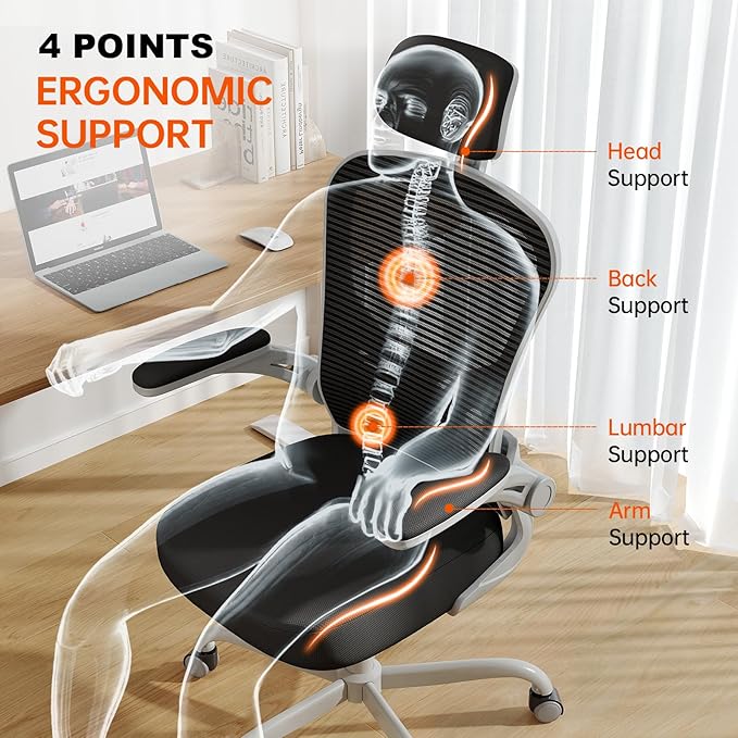 Synorla Office Chair Ergonomic Desk Chair 330LBS Capacity High Back Computer Design for Long Hours Comfort Rolling Swivel for Home Office Flip-up Armrests（Grey Black）