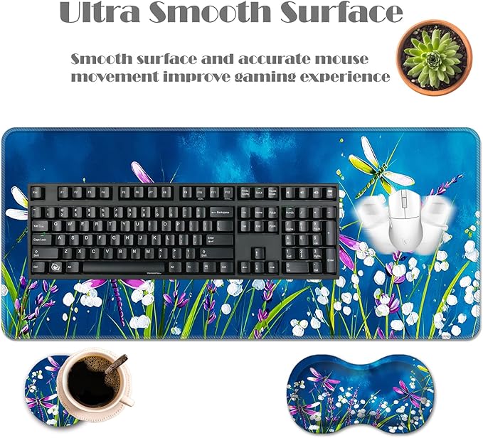 Ergonomic Keyboard Wrist Rest &amp Mouse Pad Wrist Rest SetXL Gaming Desk Mat 31.5x 11.8Non-Slip BaseMemory FoamEasy Typing Pain Relief for Office &amp HomeDragonflies Over Flower Field