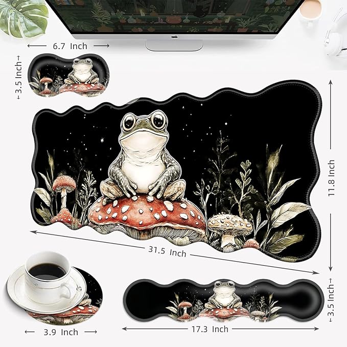Desk Mat Mouse Pad with Wrist Rest 4-in-1 Large Mouse Pads for Desk Ergonomic Mouse Pad and Keyboard Wrist Rest Gaming Keyboard Mat for OfficeFrog on Mushroom