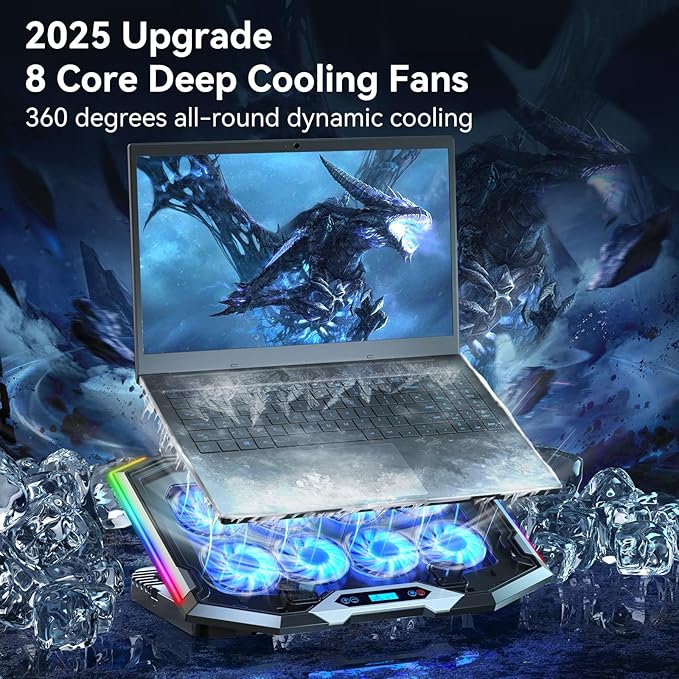 ICE COOREL Gaming Laptop Cooling Pad with 8 Cooling Fans Laptop Fan Cooler Pad for 15-17.3 Inch Notebook Cooler Stand with 6 Height Adjustable RGB Cooling Pad with Two USB Port + Phone Stand