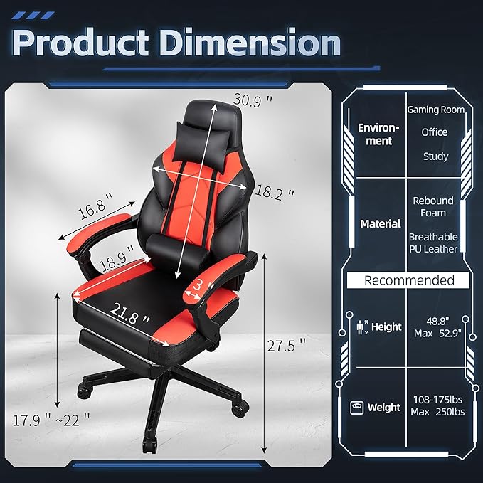 Gaming Chairs for Adults Computer Chair with Footrest High Back Big and Tall Gamer Chair‘s with Massage Lumbar Support 360° Swivel Height Adjustable Computer Chaires Dark Red