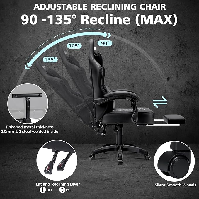 HOFFREE Gaming Chair Computer Chair with Speakers Massage Game Chairs with Footrest Bluetooth High Back Ergonomic Computer Gaming Chairs for Adults Reclining Video Gamer Chair Black
