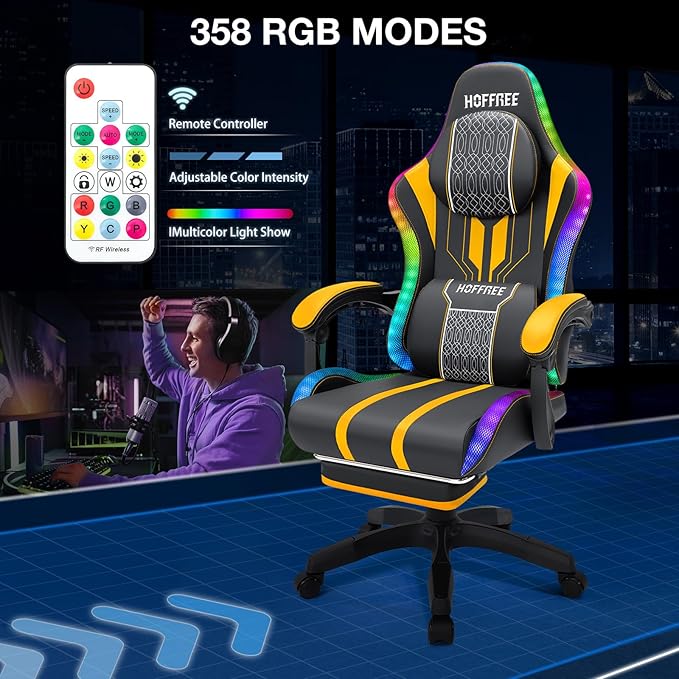 HOFFREE LED Gaming Chair with Speakers and Massage Video Game Chair Big and Tall with Footrest Gamer Chair for 400lbs Computer Desk Chair Yellow and Black Yellow+black HOGC-MAX303