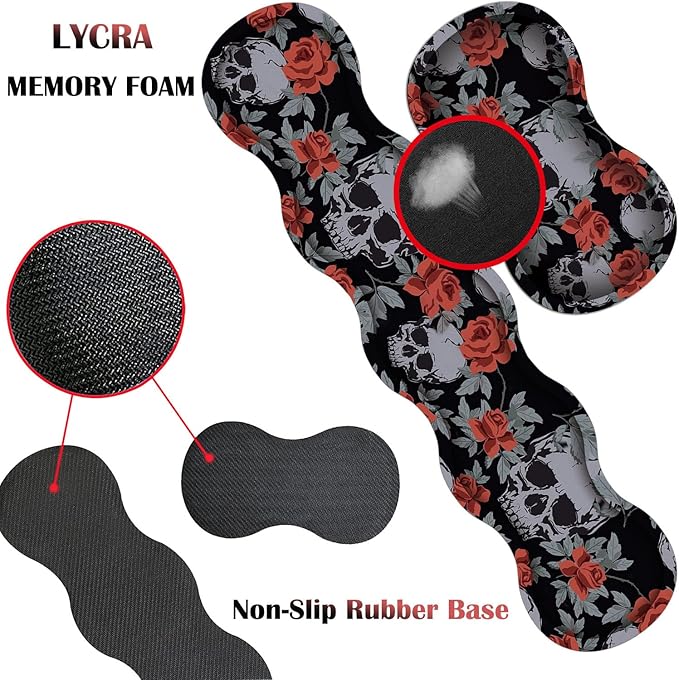 4 in 1 Mouse Pad Combo Large Gaming Mouse Pad + Keyboard Wrist Support + Mouse Wrist Rest + Coaster Table Pad with Stitched Edge Memory Foam Ergonomic Wrist Pad Set Human Skulls Vintage Roses